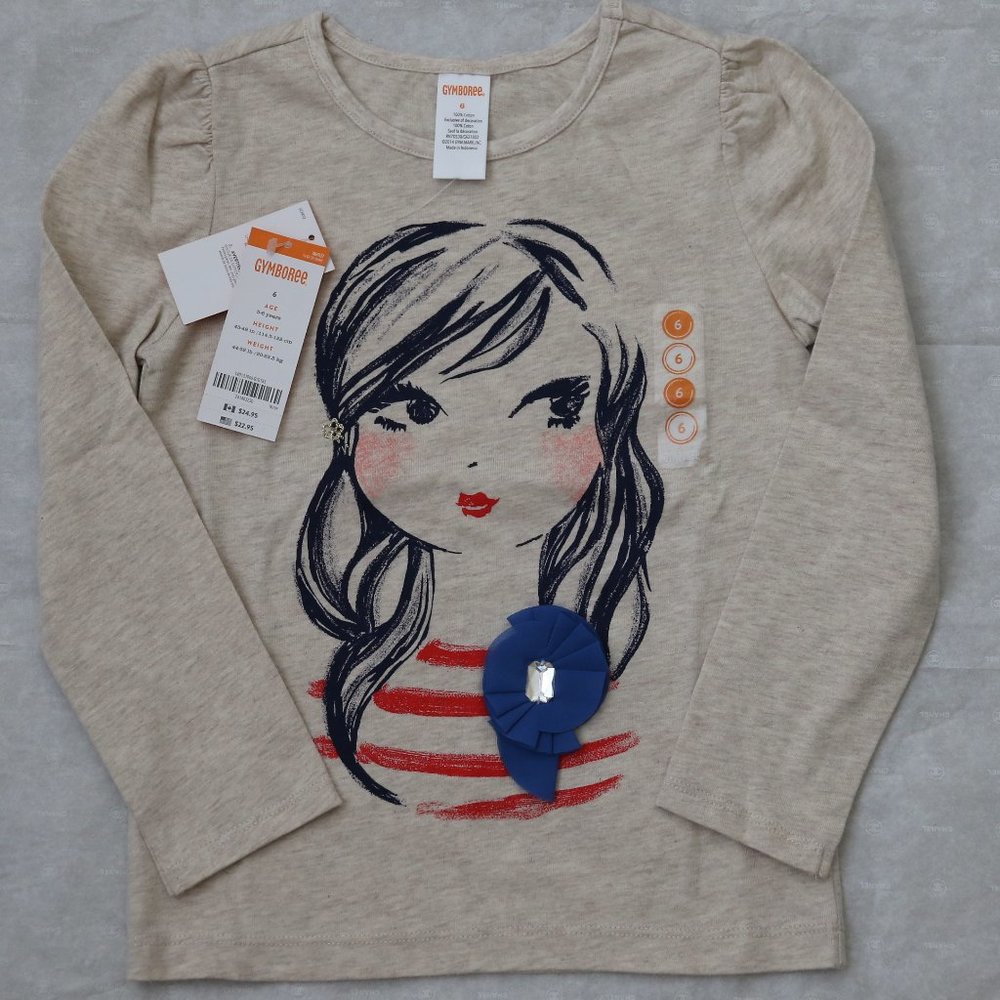 Gymboree Girl Print Long Sleeve Shirt Cotton Beige 6 New